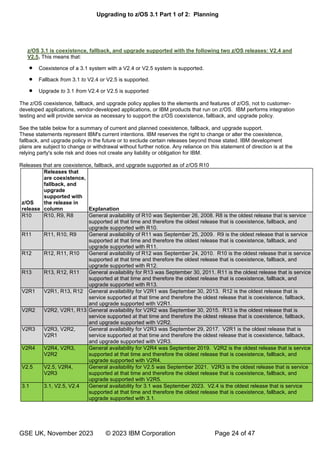 Upgrading to z/OS 3.1 Part 1 of 2: Planning
GSE UK, November 2023 © 2023 IBM Corporation Page 24 of 47
z/OS 3.1 is coexistence, fallback, and upgrade supported with the following two z/OS releases: V2.4 and
V2.5. This means that:
• Coexistence of a 3.1 system with a V2.4 or V2.5 system is supported.
• Fallback from 3.1 to V2.4 or V2.5 is supported.
• Upgrade to 3.1 from V2.4 or V2.5 is supported
The z/OS coexistence, fallback, and upgrade policy applies to the elements and features of z/OS, not to customer-
developed applications, vendor-developed applications, or IBM products that run on z/OS. IBM performs integration
testing and will provide service as necessary to support the z/OS coexistence, fallback, and upgrade policy.
See the table below for a summary of current and planned coexistence, fallback, and upgrade support.
These statements represent IBM's current intentions. IBM reserves the right to change or alter the coexistence,
fallback, and upgrade policy in the future or to exclude certain releases beyond those stated. IBM development
plans are subject to change or withdrawal without further notice. Any reliance on this statement of direction is at the
relying party's sole risk and does not create any liability or obligation for IBM.
Releases that are coexistence, fallback, and upgrade supported as of z/OS R10
z/OS
release
Releases that
are coexistence,
fallback, and
upgrade
supported with
the release in
column Explanation
R10 R10, R9, R8 General availability of R10 was September 26, 2008. R8 is the oldest release that is service
supported at that time and therefore the oldest release that is coexistence, fallback, and
upgrade supported with R10.
R11 R11, R10, R9 General availability of R11 was September 25, 2009. R9 is the oldest release that is service
supported at that time and therefore the oldest release that is coexistence, fallback, and
upgrade supported with R11.
R12 R12, R11, R10 General availability of R12 was September 24, 2010. R10 is the oldest release that is service
supported at that time and therefore the oldest release that is coexistence, fallback, and
upgrade supported with R12.
R13 R13, R12, R11 General availability for R13 was September 30, 2011. R11 is the oldest release that is service
supported at that time and therefore the oldest release that is coexistence, fallback, and
upgrade supported with R13.
V2R1 V2R1, R13, R12 General availability for V2R1 was September 30, 2013. R12 is the oldest release that is
service supported at that time and therefore the oldest release that is coexistence, fallback,
and upgrade supported with V2R1.
V2R2 V2R2, V2R1, R13 General availability for V2R2 was September 30, 2015. R13 is the oldest release that is
service supported at that time and therefore the oldest release that is coexistence, fallback,
and upgrade supported with V2R2.
V2R3 V2R3, V2R2,
V2R1
General availability for V2R3 was September 29, 2017. V2R1 is the oldest release that is
service supported at that time and therefore the oldest release that is coexistence, fallback,
and upgrade supported with V2R3.
V2R4 V2R4, V2R3,
V2R2
General availability for V2R4 was September 2019. V2R2 is the oldest release that is service
supported at that time and therefore the oldest release that is coexistence, fallback, and
upgrade supported with V2R4.
V2.5 V2.5, V2R4,
V2R3
General availability for V2.5 was September 2021. V2R3 is the oldest release that is service
supported at that time and therefore the oldest release that is coexistence, fallback, and
upgrade supported with V2R5.
3.1 3.1, V2.5, V2.4 General availability for 3.1 was September 2023. V2.4 is the oldest release that is service
supported at that time and therefore the oldest release that is coexistence, fallback, and
upgrade supported with 3.1.
 