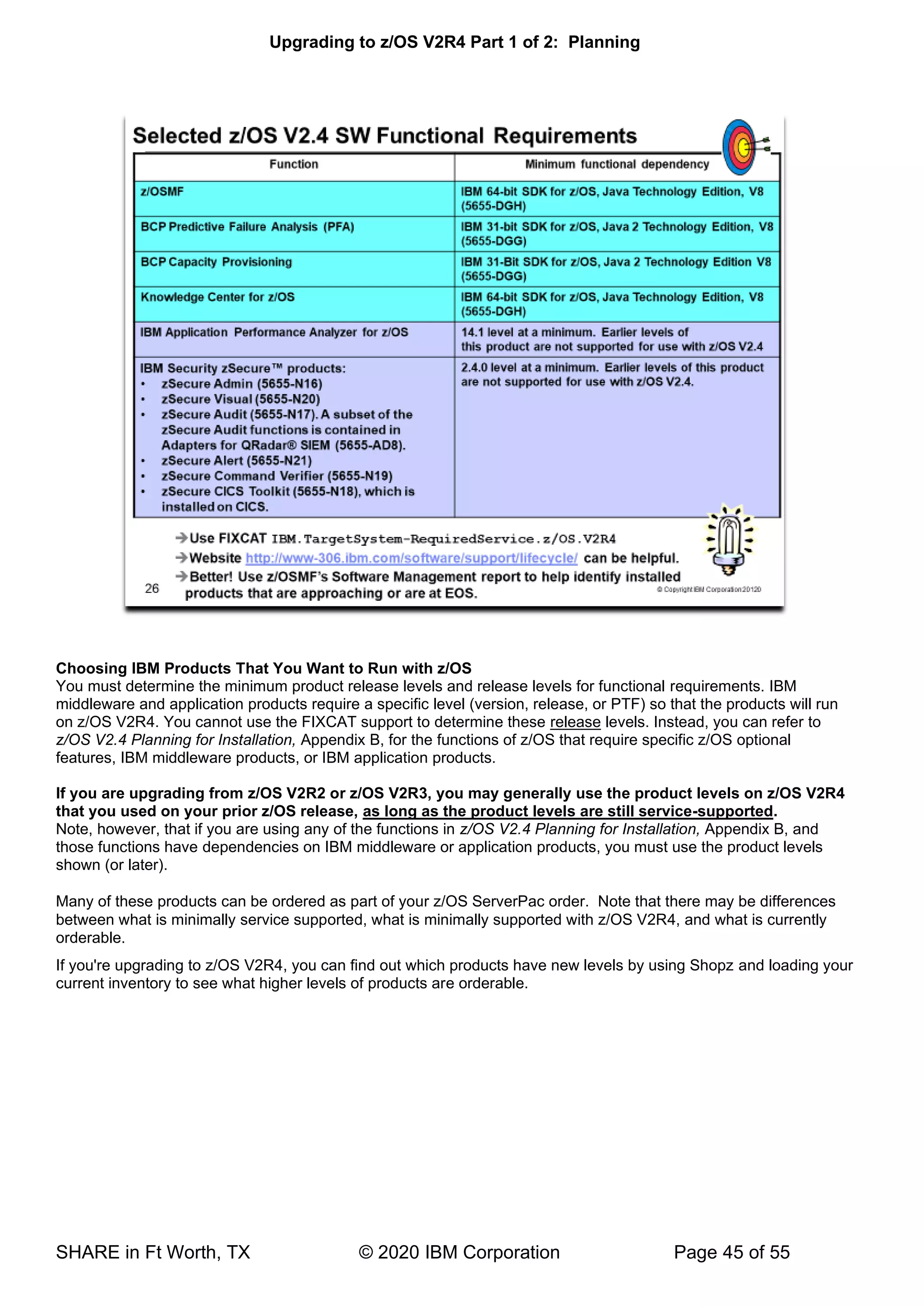 Upgrading to z/OS V2R4 Part 1 of 2: Planning
SHARE in Ft Worth, TX © 2020 IBM Corporation Page 45 of 55
Choosing IBM Products That You Want to Run with z/OS
You must determine the minimum product release levels and release levels for functional requirements. IBM
middleware and application products require a specific level (version, release, or PTF) so that the products will run
on z/OS V2R4. You cannot use the FIXCAT support to determine these release levels. Instead, you can refer to
z/OS V2.4 Planning for Installation, Appendix B, for the functions of z/OS that require specific z/OS optional
features, IBM middleware products, or IBM application products.
If you are upgrading from z/OS V2R2 or z/OS V2R3, you may generally use the product levels on z/OS V2R4
that you used on your prior z/OS release, as long as the product levels are still service-supported.
Note, however, that if you are using any of the functions in z/OS V2.4 Planning for Installation, Appendix B, and
those functions have dependencies on IBM middleware or application products, you must use the product levels
shown (or later).
Many of these products can be ordered as part of your z/OS ServerPac order. Note that there may be differences
between what is minimally service supported, what is minimally supported with z/OS V2R4, and what is currently
orderable.
If you're upgrading to z/OS V2R4, you can find out which products have new levels by using Shopz and loading your
current inventory to see what higher levels of products are orderable.
 