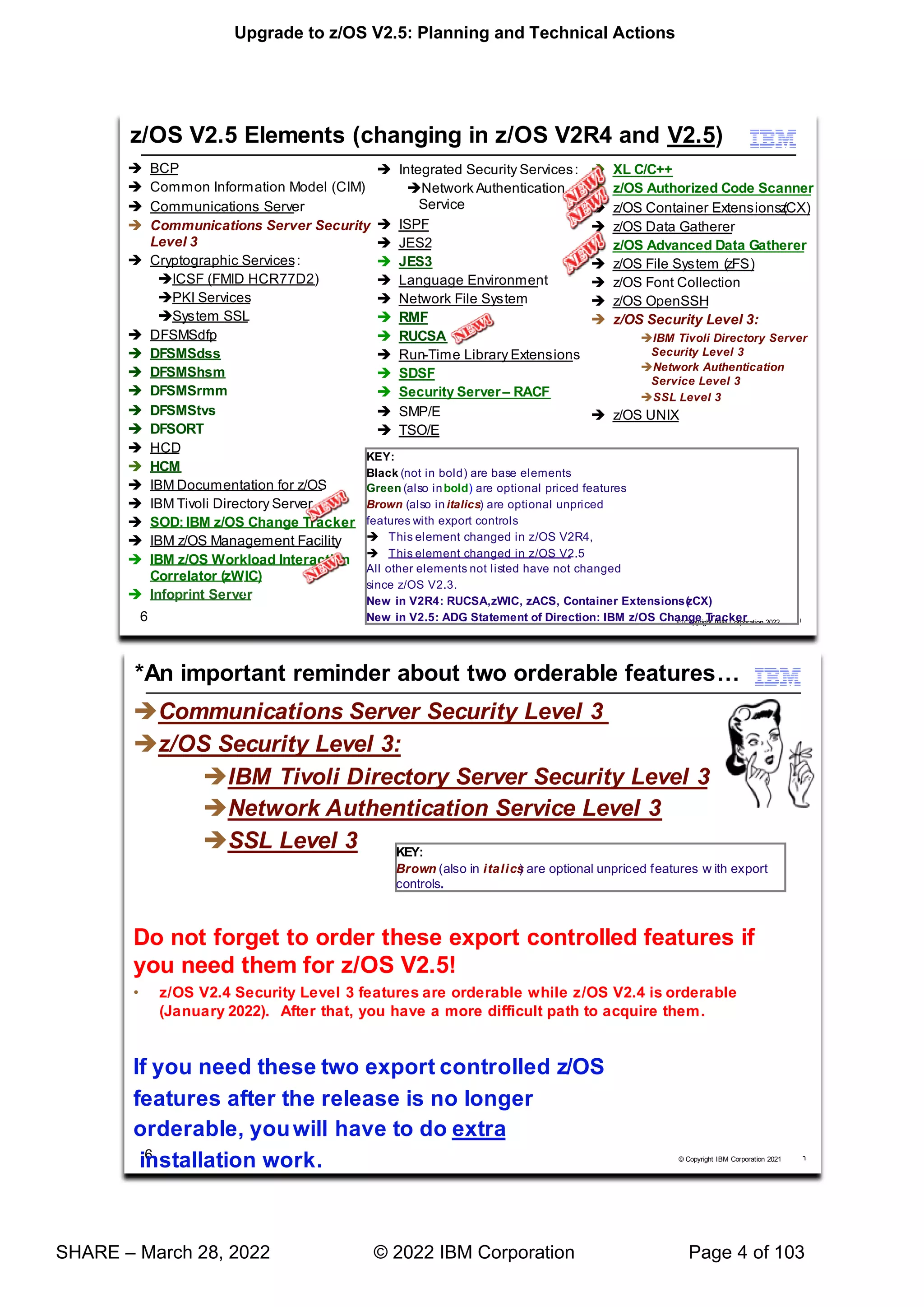 Upgrade to z/OS V2.5: Planning and Technical Actions
SHARE – March 28, 2022 © 2022 IBM Corporation Page 4 of 103
 