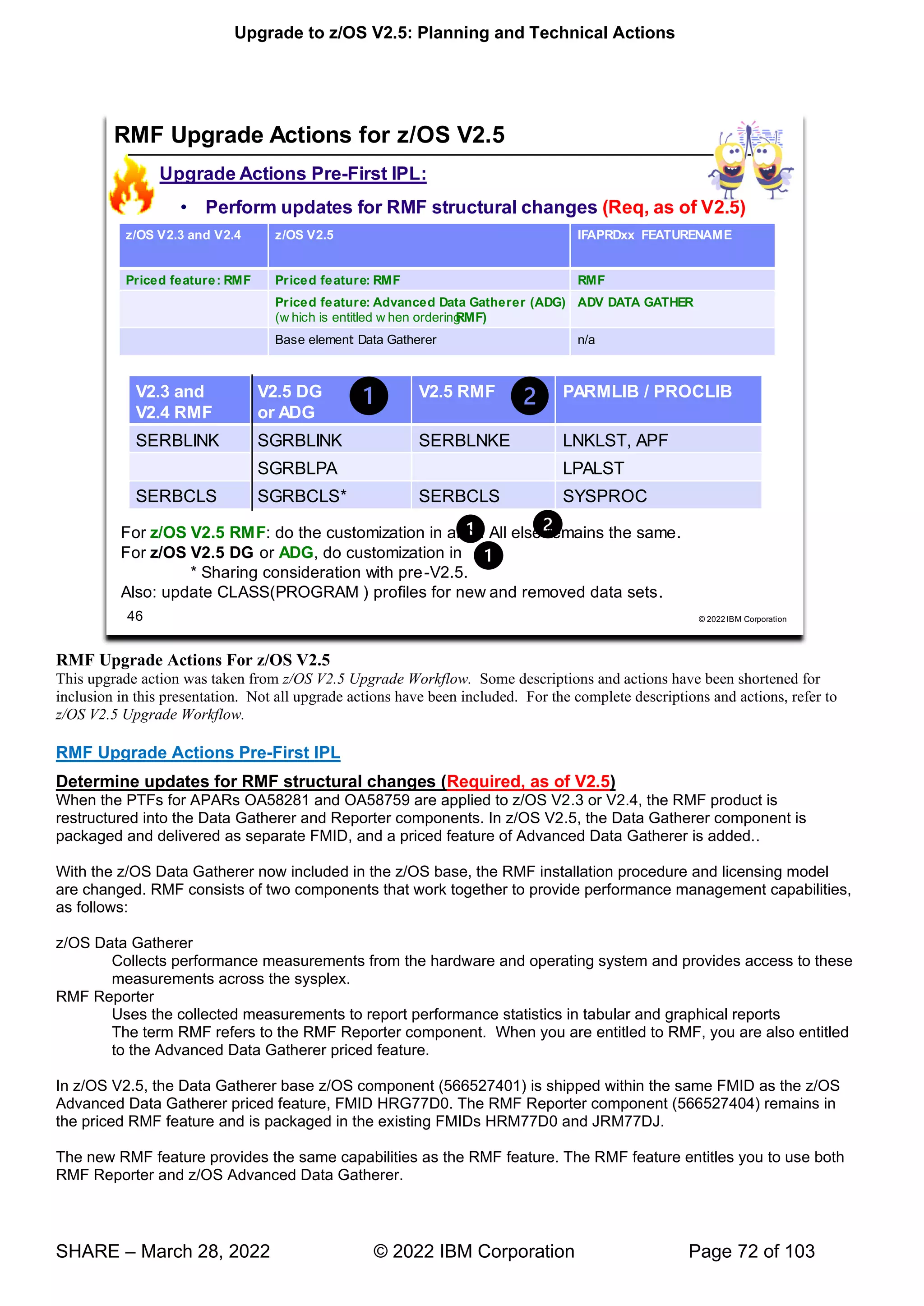 Upgrade to z/OS V2.5: Planning and Technical Actions
SHARE – March 28, 2022 © 2022 IBM Corporation Page 72 of 103
RMF Upgrade Actions For z/OS V2.5
This upgrade action was taken from z/OS V2.5 Upgrade Workflow. Some descriptions and actions have been shortened for
inclusion in this presentation. Not all upgrade actions have been included. For the complete descriptions and actions, refer to
z/OS V2.5 Upgrade Workflow.
RMF Upgrade Actions Pre-First IPL
Determine updates for RMF structural changes (Required, as of V2.5)
When the PTFs for APARs OA58281 and OA58759 are applied to z/OS V2.3 or V2.4, the RMF product is
restructured into the Data Gatherer and Reporter components. In z/OS V2.5, the Data Gatherer component is
packaged and delivered as separate FMID, and a priced feature of Advanced Data Gatherer is added..
With the z/OS Data Gatherer now included in the z/OS base, the RMF installation procedure and licensing model
are changed. RMF consists of two components that work together to provide performance management capabilities,
as follows:
z/OS Data Gatherer
Collects performance measurements from the hardware and operating system and provides access to these
measurements across the sysplex.
RMF Reporter
Uses the collected measurements to report performance statistics in tabular and graphical reports
The term RMF refers to the RMF Reporter component. When you are entitled to RMF, you are also entitled
to the Advanced Data Gatherer priced feature.
In z/OS V2.5, the Data Gatherer base z/OS component (566527401) is shipped within the same FMID as the z/OS
Advanced Data Gatherer priced feature, FMID HRG77D0. The RMF Reporter component (566527404) remains in
the priced RMF feature and is packaged in the existing FMIDs HRM77D0 and JRM77DJ.
The new RMF feature provides the same capabilities as the RMF feature. The RMF feature entitles you to use both
RMF Reporter and z/OS Advanced Data Gatherer.
 