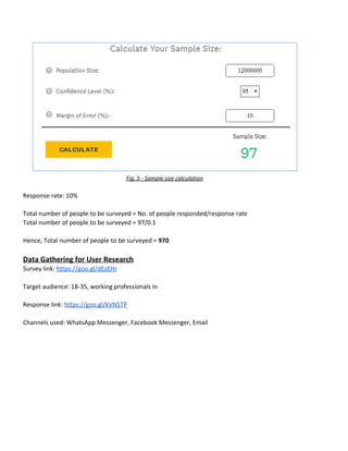 Fig.​ ​5​ ​-​ ​Sample​ ​size​ ​calculation
Response​ ​rate:​ ​10%
Total​ ​number​ ​of​ ​people​ ​to​ ​be​ ​surveyed​ ​=​ ​No.​ ​of​ ​people​ ​responded/response​ ​rate
Total​ ​number​ ​of​ ​people​ ​to​ ​be​ ​surveyed​ ​=​ ​97/0.1
Hence,​ ​Total​ ​number​ ​of​ ​people​ ​to​ ​be​ ​surveyed​ ​=​ ​​970
Data​ ​Gathering​ ​for​ ​User​ ​Research
Survey​ ​link:​ ​​https://goo.gl/dEzEHr
Target​ ​audience:​ ​18-35,​ ​working​ ​professionals​ ​in
Response​ ​link:​ ​​https://goo.gl/kVN5TP
Channels​ ​used:​ ​WhatsApp​ ​Messenger,​ ​Facebook​ ​Messenger,​ ​Email
 
