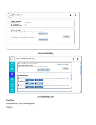6)​ ​Expert​ ​Feedback​ ​View
7)​ ​Student​ ​Feedback​ ​View
User​ ​Flow
(Screens​ ​identified​ ​as​ ​per​ ​numbering​ ​above)
Student:
 