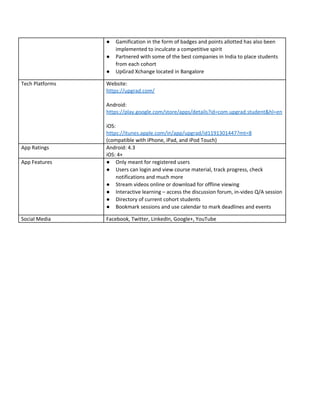 ● Gamification​ ​in​ ​the​ ​form​ ​of​ ​badges​ ​and​ ​points​ ​allotted​ ​has​ ​also​ ​been
implemented​ ​to​ ​inculcate​ ​a​ ​competitive​ ​spirit
● Partnered​ ​with​ ​some​ ​of​ ​the​ ​best​ ​companies​ ​in​ ​India​ ​to​ ​place​ ​students
from​ ​each​ ​cohort
● UpGrad​ ​Xchange​ ​located​ ​in​ ​Bangalore
Tech​ ​Platforms Website:
https://upgrad.com/
Android:
https://play.google.com/store/apps/details?id=com.upgrad.student&hl=en
iOS:
https://itunes.apple.com/in/app/upgrad/id1191301447?mt=8
(compatible​ ​with​ ​iPhone,​ ​iPad,​ ​and​ ​iPod​ ​Touch)
App​ ​Ratings Android:​ ​4.3
iOS:​ ​4+
App​ ​Features ● Only​ ​meant​ ​for​ ​registered​ ​users
● Users​ ​can​ ​login​ ​and​ ​view​ ​course​ ​material,​ ​track​ ​progress,​ ​check
notifications​ ​and​ ​much​ ​more
● Stream​ ​videos​ ​online​ ​or​ ​download​ ​for​ ​offline​ ​viewing
● Interactive​ ​learning​ ​–​ ​access​ ​the​ ​discussion​ ​forum,​ ​in-video​ ​Q/A​ ​session
● Directory​ ​of​ ​current​ ​cohort​ ​students
● Bookmark​ ​sessions​ ​and​ ​use​ ​calendar​ ​to​ ​mark​ ​deadlines​ ​and​ ​events
Social​ ​Media Facebook,​ ​Twitter,​ ​LinkedIn,​ ​Google+,​ ​YouTube
 