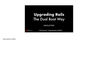 #RailsUpgrades | https://fastruby.io/rc2022
Upgrading Rails
The Dual Boot Way
RailsConf 2022
Hello RailsConf 2022!
 