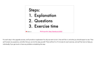 #RailsUpgrades| https://fastruby.io/rc2022
Steps:


1. Explanation


2. Questions


3. Exercise time
For each step in the ...