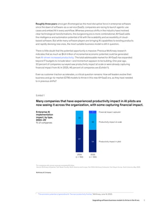 Roughly three years since gen AI emerged as the most disruptive force in enterprise software
since the dawn of software-as-a-service (SaaS), companies are racing to launch agentic use
cases and embed AI in every workflow. Whereas previous shifts in the industry have involved
clear technological transformations, this burgeoning era is more combinatorial; AI+SaaS adds
the intelligence and automation potential of AI with the scalability and accessibility of cloud-
based software. But while many software players are bringing AI capabilities to existing products
and rapidly devising new ones, the most suitable business model is still in question.
There is little doubt that the potential opportunity is massive: Previous McKinsey research
indicates that as much as $4.4 trillion of incremental economic potential could be generated
from AI-driven increased productivity.1
The total addressable market for AI+SaaS has expanded
beyond IT budgets to include labor—and momentum appears to be building. One year ago,
33 percent of companies surveyed saw productivity impact at scale or were already capturing
financial impact from AI. In 2025, 46 percent of companies are (Exhibit 1).
Even as customer traction accelerates, a critical question remains: How will leaders evolve their
business and go-to-market (GTM) models to thrive in this new AI+SaaS era, as they have needed
to in previous shifts?
1
		 “The economic potential of generative AI: The next productivity frontier,” McKinsey, June 14, 2023.
Exhibit 1
Web <2025>
<SoftwareAi>
Exhibit <1> of <4>
1
For companies with annual revenues exceeding $1 billion.
Source: McKinsey Enterprise Tech Buyer Survey, North America and Europe, Feb 2024; McKinsey Enterprise Tech Buyer Survey, North America, May 2025
Many companies that have experienced productivity impact in AI pilots are
now seeing it across the organization, with some capturing financial impact.
McKinsey & Company
Productivity impact in pilot
Productivity impact at scale
Financial impact captured
2025
(n = 100)
2024
(n = 150)
Enterprise AI
implementation
impact, by type,
2024–251
% of companies
54
7
67
39
33
2
Upgrading software business models to thrive in the AI era
 