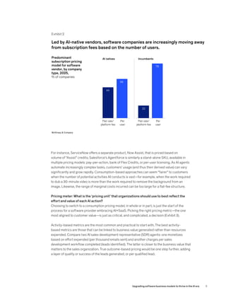 For instance, ServiceNow offers a separate product, Now Assist, that is priced based on
volume of “Assist” credits; Salesforce’s Agentforce is similarly a stand-alone SKU, available in
multiple pricing models: pay-per-action, bank of Flex Credits, or per-user licensing. As AI agents
automate increasingly complex tasks, customers’ usage (and thus their derived value) can vary
significantly and grow rapidly. Consumption-based approaches can seem “fairer” to customers
when the number of potential activities AI conducts is vast—for example, when the work required
to dub a 30-minute video is more than the work required to remove the background from an
image. Likewise, the range of marginal costs incurred can be too large for a flat-fee structure.
Pricing meter: What is the ‘pricing unit’ that organizations should use to best reflect the
effort and value of each AI action?
Choosing to switch to a consumption pricing model, in whole or in part, is just the start of the
process for a software provider embracing AI+SaaS. Picking the right pricing metric—the one
most aligned to customer value—is just as critical, and complicated, a decision (Exhibit 3).
Activity-based metrics are the most common and practical to start with. The best activity-
based metrics are those that can be linked to business value generated rather than resources
expended. Compare two AI sales development representative (SDR) agents: one monetizes
based on effort expended (per thousand emails sent) and another charges per sales
development workflow completed (leads identified). The latter is closer to the business value that
matters to the sales organization. True outcome-based pricing would be one step further, adding
a layer of quality or success of the leads generated, or per qualified lead.
Exhibit 2
Web <2025>
<SoftwareAi>
Exhibit <2> of <4>
Predominant
subscription pricing
model for software
vendor, by company
type, 2025,
% of companies
Led by AI-native vendors, software companies are increasingly moving away
from subscription fees based on the number of users.
McKinsey & Company
Flat rate/
platform fee
Per
user
Flat rate/
platform fee
Per
user
AI natives Incumbents
44
22
78
56
6
Upgrading software business models to thrive in the AI era
 