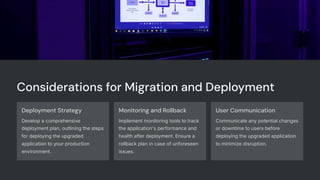 Considerations for Migration and Deployment
Deployment Strategy
Develop a comprehensive
deployment plan, outlining the steps
for deploying the upgraded
application to your production
environment.
Monitoring and Rollback
Implement monitoring tools to track
the application's performance and
health after deployment. Ensure a
rollback plan in case of unforeseen
issues.
User Communication
Communicate any potential changes
or downtime to users before
deploying the upgraded application
to minimize disruption.
 