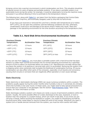 bringing a drive into a warmer environment in which condensation can form. This situation should be
of special concern to users of laptop and portable systems. If you leave a portable system in an
automobile trunk during the winter, for example, it could be catastrophic to bring the machine inside
and power it up without allowing it time to acclimate to the temperature indoors.
The following text, along with Table 3.1, are taken from the factory packaging that Control Data
Corporation (later Imprimis, and eventually Seagate) used to ship with its hard drives:
If you have just received or removed this unit from a climate with temperatures at or below
50°F (10°C), do not open this container until the following conditions are met; otherwise,
condensation could occur and damage to the device and/or media may result. Place this
package in the operating environment for the time duration according to the temperature chart.
Table 3.1. Hard Disk Drive Environmental Acclimation Table
Previous Climate
Temperature Acclimation Time
Previous Climate
Temperature Acclimation Time
+40°F (+4°C) 13 hours 0°F (18°C) 18 hours
+30°F (1°C) 15 hours 10°F (23°C) 20 hours
+20°F (7°C) 16 hours 20°F (29°C) 22 hours
+10°F (12°C) 17 hours 30°F (34°C) or less 27 hours
As you can see from Table 3.1, you must place a portable system with a hard drive that has been
stored in a colder-than-normal environment into its normal operating environment for a specified
amount of time to allow it to acclimate before you power it on. Manufacturers normally advise that
you leave the system in its packing or carrying case until it is acclimated. Removing the system from
a shipping carton when extremely cold increases the likelihood of condensation forming. Of course,
condensation can also affect other parts of the computer, especially circuit boards and connectors,
causing short circuits or corrosion that can negatively affect operation or even cause damage.
Static Electricity
Static electricity or electrostatic discharge (ESD) can cause numerous problems within a system. The
problems usually appear during the winter months when humidity is low or in extremely dry climates
where the humidity is low year-round. In these cases, you might need to take special precautions to
ensure that your computer is not damaged. See the section "ESD Protection Tools," later in this
chapter, for more information on ESD.
Static discharges outside a system-unit chassis are rarely a source of permanent problems within the
system. Usually, the worst possible effect of a static discharge to the case, keyboard, or even a
location near the computer is a system lockup, which can result in lost data. If you know you are
carrying a charge, before touching the keyboard or system, you might try discharging yourself by
touching some other metal object or device to bleed off some of the charge. Whenever you open a
system unit or handle devices removed from the system, you must be more careful with static.
 