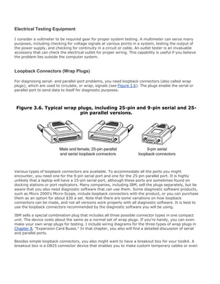 Electrical Testing Equipment
I consider a voltmeter to be required gear for proper system testing. A multimeter can serve many
purposes, including checking for voltage signals at various points in a system, testing the output of
the power supply, and checking for continuity in a circuit or cable. An outlet tester is an invaluable
accessory that can check the electrical outlet for proper wiring. This capability is useful if you believe
the problem lies outside the computer system.
Loopback Connectors (Wrap Plugs)
For diagnosing serial- and parallel-port problems, you need loopback connectors (also called wrap
plugs), which are used to circulate, or wrap, signals (see Figure 3.6). The plugs enable the serial or
parallel port to send data to itself for diagnostic purposes.
Figure 3.6. Typical wrap plugs, including 25-pin and 9-pin serial and 25-
pin parallel versions.
Various types of loopback connectors are available. To accommodate all the ports you might
encounter, you need one for the 9-pin serial port and one for the 25-pin parallel port. It is highly
unlikely that a laptop will have a 25-pin serial port, although these ports are sometimes found on
docking stations or port replicators. Many companies, including IBM, sell the plugs separately, but be
aware that you also need diagnostic software that can use them. Some diagnostic software products,
such as Micro 2000's Micro-Scope, include loopback connectors with the product, or you can purchase
them as an option for about $30 a set. Note that there are some variations on how loopback
connectors can be made, and not all versions work properly with all diagnostic software. It is best to
use the loopback connectors recommended by the diagnostic software you will be using.
IBM sells a special combination plug that includes all three possible connector types in one compact
unit. The device costs about the same as a normal set of wrap plugs. If you're handy, you can even
make your own wrap plugs for testing. I include wiring diagrams for the three types of wrap plugs in
Chapter 8, "Expansion Card Buses." In that chapter, you also will find a detailed discussion of serial
and parallel ports.
Besides simple loopback connectors, you also might want to have a breakout box for your toolkit. A
breakout box is a DB25 connector device that enables you to make custom temporary cables or even
 