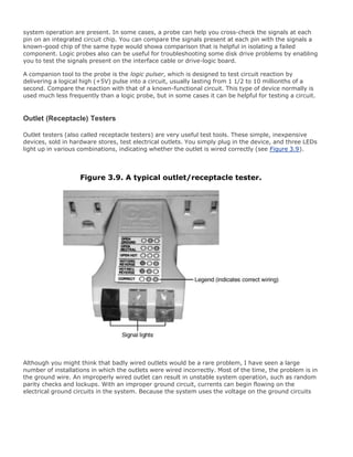 system operation are present. In some cases, a probe can help you cross-check the signals at each
pin on an integrated circuit chip. You can compare the signals present at each pin with the signals a
known-good chip of the same type would showa comparison that is helpful in isolating a failed
component. Logic probes also can be useful for troubleshooting some disk drive problems by enabling
you to test the signals present on the interface cable or drive-logic board.
A companion tool to the probe is the logic pulser, which is designed to test circuit reaction by
delivering a logical high (+5V) pulse into a circuit, usually lasting from 1 1/2 to 10 millionths of a
second. Compare the reaction with that of a known-functional circuit. This type of device normally is
used much less frequently than a logic probe, but in some cases it can be helpful for testing a circuit.
Outlet (Receptacle) Testers
Outlet testers (also called receptacle testers) are very useful test tools. These simple, inexpensive
devices, sold in hardware stores, test electrical outlets. You simply plug in the device, and three LEDs
light up in various combinations, indicating whether the outlet is wired correctly (see Figure 3.9).
Figure 3.9. A typical outlet/receptacle tester.
Although you might think that badly wired outlets would be a rare problem, I have seen a large
number of installations in which the outlets were wired incorrectly. Most of the time, the problem is in
the ground wire. An improperly wired outlet can result in unstable system operation, such as random
parity checks and lockups. With an improper ground circuit, currents can begin flowing on the
electrical ground circuits in the system. Because the system uses the voltage on the ground circuits
 