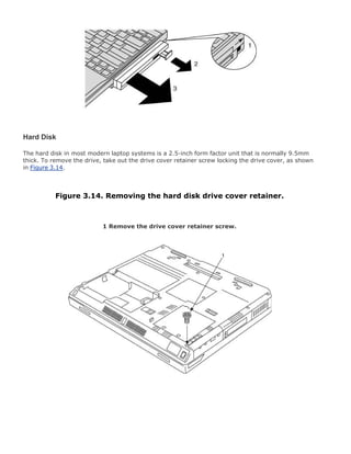 Hard Disk
The hard disk in most modern laptop systems is a 2.5-inch form factor unit that is normally 9.5mm
thick. To remove the drive, take out the drive cover retainer screw locking the drive cover, as shown
in Figure 3.14.
Figure 3.14. Removing the hard disk drive cover retainer.
1 Remove the drive cover retainer screw.
 