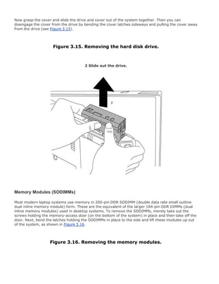 Now grasp the cover and slide the drive and cover out of the system together. Then you can
disengage the cover from the drive by bending the cover latches sideways and pulling the cover away
from the drive (see Figure 3.15).
Figure 3.15. Removing the hard disk drive.
2 Slide out the drive.
Memory Modules (SODIMMs)
Most modern laptop systems use memory in 200-pin DDR SODIMM (double data rate small outline
dual inline memory module) form. These are the equivalent of the larger 184-pin DDR DIMMs (dual
inline memory modules) used in desktop systems. To remove the SODIMMs, merely take out the
screws holding the memory-access door (on the bottom of the system) in place and then take off the
door. Next, bend the latches holding the SODIMMs in place to the side and lift these modules up out
of the system, as shown in Figure 3.16.
Figure 3.16. Removing the memory modules.
 