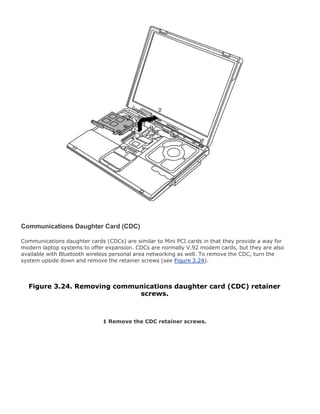 Communications Daughter Card (CDC)
Communications daughter cards (CDCs) are similar to Mini PCI cards in that they provide a way for
modern laptop systems to offer expansion. CDCs are normally V.92 modem cards, but they are also
available with Bluetooth wireless personal area networking as well. To remove the CDC, turn the
system upside down and remove the retainer screws (see Figure 3.24).
Figure 3.24. Removing communications daughter card (CDC) retainer
screws.
1 Remove the CDC retainer screws.
 