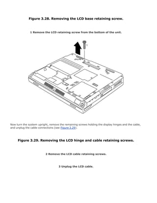 Figure 3.28. Removing the LCD base retaining screw.
1 Remove the LCD retaining screw from the bottom of the unit.
Now turn the system upright, remove the remaining screws holding the display hinges and the cable,
and unplug the cable connections (see Figure 3.29).
Figure 3.29. Removing the LCD hinge and cable retaining screws.
2 Remove the LCD cable retaining screws.
3 Unplug the LCD cable.
 