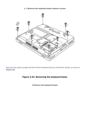 1, 2 Remove the keyboard bezel retainer screws.
Now turn the system upright and then lift the keyboard bezel up and off the chassis, as shown in
Figure 3.32.
Figure 3.32. Removing the keyboard bezel.
3 Remove the keyboard bezel.
 