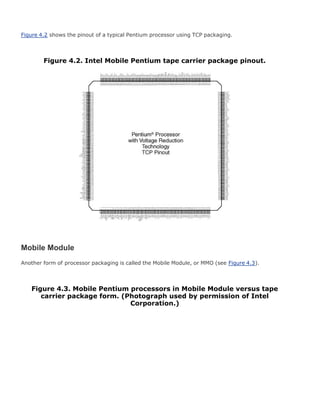 Figure 4.2 shows the pinout of a typical Pentium processor using TCP packaging.
Figure 4.2. Intel Mobile Pentium tape carrier package pinout.
Mobile Module
Another form of processor packaging is called the Mobile Module, or MMO (see Figure 4.3).
Figure 4.3. Mobile Pentium processors in Mobile Module versus tape
carrier package form. (Photograph used by permission of Intel
Corporation.)
 