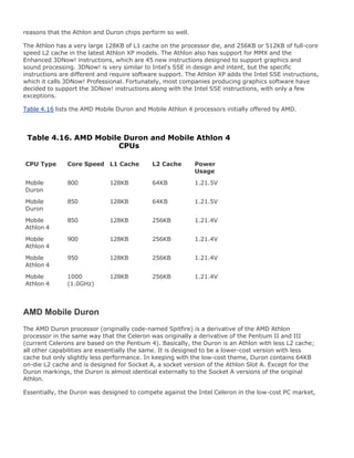 reasons that the Athlon and Duron chips perform so well.
The Athlon has a very large 128KB of L1 cache on the processor die, and 256KB or 512KB of full-core
speed L2 cache in the latest Athlon XP models. The Athlon also has support for MMX and the
Enhanced 3DNow! instructions, which are 45 new instructions designed to support graphics and
sound processing. 3DNow! is very similar to Intel's SSE in design and intent, but the specific
instructions are different and require software support. The Athlon XP adds the Intel SSE instructions,
which it calls 3DNow! Professional. Fortunately, most companies producing graphics software have
decided to support the 3DNow! instructions along with the Intel SSE instructions, with only a few
exceptions.
Table 4.16 lists the AMD Mobile Duron and Mobile Athlon 4 processors initially offered by AMD.
Table 4.16. AMD Mobile Duron and Mobile Athlon 4
CPUs
CPU Type Core Speed L1 Cache L2 Cache Power
Usage
Mobile
Duron
800 128KB 64KB 1.21.5V
Mobile
Duron
850 128KB 64KB 1.21.5V
Mobile
Athlon 4
850 128KB 256KB 1.21.4V
Mobile
Athlon 4
900 128KB 256KB 1.21.4V
Mobile
Athlon 4
950 128KB 256KB 1.21.4V
Mobile
Athlon 4
1000
(1.0GHz)
128KB 256KB 1.21.4V
AMD Mobile Duron
The AMD Duron processor (originally code-named Spitfire) is a derivative of the AMD Athlon
processor in the same way that the Celeron was originally a derivative of the Pentium II and III
(current Celerons are based on the Pentium 4). Basically, the Duron is an Athlon with less L2 cache;
all other capabilities are essentially the same. It is designed to be a lower-cost version with less
cache but only slightly less performance. In keeping with the low-cost theme, Duron contains 64KB
on-die L2 cache and is designed for Socket A, a socket version of the Athlon Slot A. Except for the
Duron markings, the Duron is almost identical externally to the Socket A versions of the original
Athlon.
Essentially, the Duron was designed to compete against the Intel Celeron in the low-cost PC market,
 