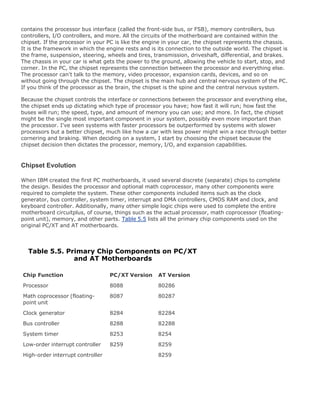 contains the processor bus interface (called the front-side bus, or FSB), memory controllers, bus
controllers, I/O controllers, and more. All the circuits of the motherboard are contained within the
chipset. If the processor in your PC is like the engine in your car, the chipset represents the chassis.
It is the framework in which the engine rests and is its connection to the outside world. The chipset is
the frame, suspension, steering, wheels and tires, transmission, driveshaft, differential, and brakes.
The chassis in your car is what gets the power to the ground, allowing the vehicle to start, stop, and
corner. In the PC, the chipset represents the connection between the processor and everything else.
The processor can't talk to the memory, video processor, expansion cards, devices, and so on
without going through the chipset. The chipset is the main hub and central nervous system of the PC.
If you think of the processor as the brain, the chipset is the spine and the central nervous system.
Because the chipset controls the interface or connections between the processor and everything else,
the chipset ends up dictating which type of processor you have; how fast it will run; how fast the
buses will run; the speed, type, and amount of memory you can use; and more. In fact, the chipset
might be the single most important component in your system, possibly even more important than
the processor. I've seen systems with faster processors be outperformed by systems with slower
processors but a better chipset, much like how a car with less power might win a race through better
cornering and braking. When deciding on a system, I start by choosing the chipset because the
chipset decision then dictates the processor, memory, I/O, and expansion capabilities.
Chipset Evolution
When IBM created the first PC motherboards, it used several discrete (separate) chips to complete
the design. Besides the processor and optional math coprocessor, many other components were
required to complete the system. These other components included items such as the clock
generator, bus controller, system timer, interrupt and DMA controllers, CMOS RAM and clock, and
keyboard controller. Additionally, many other simple logic chips were used to complete the entire
motherboard circuitplus, of course, things such as the actual processor, math coprocessor (floating-
point unit), memory, and other parts. Table 5.5 lists all the primary chip components used on the
original PC/XT and AT motherboards.
Table 5.5. Primary Chip Components on PC/XT
and AT Motherboards
Chip Function PC/XT Version AT Version
Processor 8088 80286
Math coprocessor (floating-
point unit
8087 80287
Clock generator 8284 82284
Bus controller 8288 82288
System timer 8253 8254
Low-order interrupt controller 8259 8259
High-order interrupt controller 8259
 