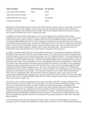Chip Function PC/XT Version AT Version
Low-order DMA controller 8237 8237
High-order DMA controller 8237
CMOS RAM/real-time clock MC146818
Keyboard controller 8255 8042
Although the specifications shown here are for PC/XT and AT systems, keep in mind that, in that day,
portables were not really laptops. Instead, they mimicked desktop technology almost exactly. In
essence, a portable was a desktop with a handle. By the time laptops really came around, chipsets
were already invented and in use in desktops as well.
In addition to the processor/coprocessor, a six-chip set was used to implement the primary
motherboard circuit in the original PC and XT systems. IBM later upgraded this to a nine-chip design
in the AT and later systems, mainly by adding more interrupt and DMA controller chips and the
nonvolatile CMOS RAM/real-time clock chip. All these motherboard chip components came from Intel
or an Intel-licensed manufacturer, except the CMOS/clock chip, which came from Motorola. Building a
clone or copy of one of these IBM systems required all these chips, plus many smaller discrete logic
chips to glue the design together, totaling 100 or more individual chips. This kept the price of a
motherboard high and left little room on the board to integrate other functions.
In 1986, a company called Chips and Technologies introduced a revolutionary component called the
82C206the main part of the first PC motherboard chipset. This was a single chip that integrated into
it all the functions of the main motherboard chips in an AT-compatible system. This chip included the
functions of the 82284 clock generator, 82288 bus controller, 8254 system timer, dual 8259 interrupt
controllers, dual 8237 DMA controllers, and even MC146818 CMOS/clock chip. Besides the processor,
virtually all the major chip components on a PC motherboard could now be replaced by a single chip.
Four other chips augmented the 82C206 acting as buffers and memory controllers, thus completing
virtually the entire motherboard circuit with five total chips. Chips and Technologies called this first
chipset the CS8220 chipset. Needless to say, this was a revolutionary concept in PC motherboard
manufacturing. Not only did it greatly reduce the cost of building a PC motherboard, but it also made
designing a motherboard much easier. The reduced component count meant that the boards had
more room for integrating other items formerly found on expansion cards. Later, the four chips
augmenting the 82C206 were replaced by a new set of only three chips, and the entire set was called
the New Enhanced AT (NEAT) 82C836 Single Chip AT (SCAT) chipset, which finally condensed all the
chips in the set to a single chip.
Since then, many chipset manufacturers have come and gone, and after a major shakeup in the
chipset industry, only Intel, AMD, VIA Technologies, SiS, and ALi make motherboard chipsets. Intel
has come to dominate the chipset market for systems using Intel processors, although other
companies such as VIA Technologies, SiS, and ALi also make chipsets supporting Intel processors.
AMD has developed its own chipsets for the K6 and Athlon family of processors, but it now
emphasizes third-party chipset developers to support its products. Today VIA Technologies is the
leading developer of AMD Athlon/Athlon XP/Duron chipsets. The popularity of AMD processors has
also encouraged SiS, NVIDIA, and the ALi Corporation to develop chipsets for both Intel- and AMD-
based systems.
It is interesting to note that the original PC chipset maker, Chips and Technologies, survived by
changing course to design and manufacture video chips, and found a niche in that market specifically
 