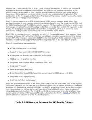includes the 915PM/GM/GMS and 910GML. These chipsets are designed to support the Pentium M
and Celeron M mobile processors in both 400MHz and 533MHz bus versions (dependent on the
specific chipset), and are part of Intel's second generation Centrino Mobile Technology platform
(codenamed Sonoma) when combined with an internal Intel wireless networking solution. The
combination of the 915 chipset and a Pentium M or Celeron M processor results in a powerful mobile
system with low overall power consumption.
The 915 chipset supports up to 2GB of dual-channel DDR2 system memory, which allows for a
significant increase in peak memory bandwidth and power benefits over the single-channel DDR that
the 855 chipset supported. The 915 chipset also supports PCI Express bus architecture, which means
that laptops using this chipset will have ExpressCard as well as CardBus sockets for expansion cards.
Finally, the 915 chipset supports Intel High Definition Audio (HDA), which is an enhanced audio
specification for high-quality surround-sound audio suitable for home theater.
The 915PM is a standard memory controller hub with PCI Express x16 support for a separate video
processor and video RAM, while the 915GM version adds an integrated video processor that shares
system RAM. The integrated video in the 915GM is the Intel Graphics Media Accelerator 900, which
has about twice the graphics performance of the integrated video in the older 855GM chipset.
The 915 chipset family features include
400MHz/533MHz CPU bus support
Support for dual-channel DDR2 400/533MHz memory
PCI Express Bus Architecture for ExpressCard support
PCI Express x16 graphics interface
Integrated Intel Graphics Media Accelerator (GMA) 900
Integrated TV output
Serial ATA support (two ports)
Direct Media Interface (DMI) chipset interconnect based on PCI Express x4 (1GBps)
Integrated USB 2.0 (eight ports)
Intel High Definition Audio support
There are four different chipsets in the family; the 915PM is the one that will be used in the highest-
performance systems since it does not include built-in graphics but is instead designed to connect to
a discrete PCI Express x16 graphics controller. The 915GM is the same chipset as the 915PM except
that it does include the highest-performance version of Intel's GMA (Graphics Media Accelerator)
integrated graphics technology. The 915GMS and 910GML are designed for smaller and lower-cost
systems, and lack some of the features of the other chipsets in the family. Table 5.6 highlights the
specific differences between all of the 915 family chipsets.
Table 5.6. Differences Between the 915 Family Chipsets
 