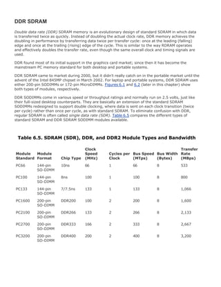 DDR SDRAM
Double data rate (DDR) SDRAM memory is an evolutionary design of standard SDRAM in which data
is transferred twice as quickly. Instead of doubling the actual clock rate, DDR memory achieves the
doubling in performance by transferring data twice per transfer cycle: once at the leading (falling)
edge and once at the trailing (rising) edge of the cycle. This is similar to the way RDRAM operates
and effectively doubles the transfer rate, even though the same overall clock and timing signals are
used.
DDR found most of its initial support in the graphics card market; since then it has become the
mainstream PC memory standard for both desktop and portable systems.
DDR SDRAM came to market during 2000, but it didn't really catch on in the portable market until the
advent of the Intel 845MP chipset in March 2002. For laptop and portable systems, DDR SDRAM uses
either 200-pin SODIMMs or 172-pin MicroDIMMs. Figures 6.1 and 6.2 (later in this chapter) show
both types of modules, respectively.
DDR SODIMMs come in various speed or throughput ratings and normally run on 2.5 volts, just like
their full-sized desktop counterparts. They are basically an extension of the standard SDRAM
SODIMMs redesigned to support double clocking, where data is sent on each clock transition (twice
per cycle) rather than once per cycle, as with standard SDRAM. To eliminate confusion with DDR,
regular SDRAM is often called single data rate (SDR). Table 6.5 compares the different types of
standard SDRAM and DDR SDRAM SODIMM modules available.
Table 6.5. SDRAM (SDR), DDR, and DDR2 Module Types and Bandwidth
Module
Standard
Module
Format Chip Type
Clock
Speed
(MHz)
Cycles per
Clock
Bus Speed
(MTps)
Bus Width
(Bytes)
Transfer
Rate
(MBps)
PC66 144-pin
SO-DIMM
10ns 66 1 66 8 533
PC100 144-pin
SO-DIMM
8ns 100 1 100 8 800
PC133 144-pin
SO-DIMM
7/7.5ns 133 1 133 8 1,066
PC1600 200-pin
SO-DIMM
DDR200 100 2 200 8 1,600
PC2100 200-pin
SO-DIMM
DDR266 133 2 266 8 2,133
PC2700 200-pin
SO-DIMM
DDR333 166 2 333 8 2,667
PC3200 200-pin
SO-DIMM
DDR400 200 2 400 8 3,200
 