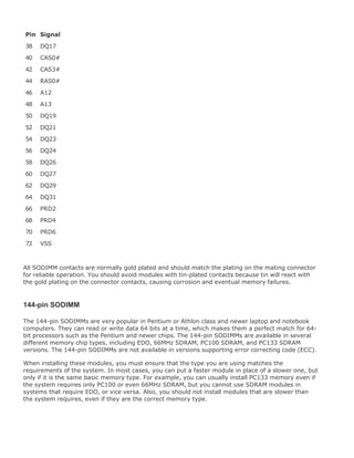 Pin Signal
38 DQ17
40 CAS0#
42 CAS3#
44 RAS0#
46 A12
48 A13
50 DQ19
52 DQ21
54 DQ23
56 DQ24
58 DQ26
60 DQ27
62 DQ29
64 DQ31
66 PRD2
68 PRD4
70 PRD6
72 VSS
All SODIMM contacts are normally gold plated and should match the plating on the mating connector
for reliable operation. You should avoid modules with tin-plated contacts because tin will react with
the gold plating on the connector contacts, causing corrosion and eventual memory failures.
144-pin SODIMM
The 144-pin SODIMMs are very popular in Pentium or Athlon class and newer laptop and notebook
computers. They can read or write data 64 bits at a time, which makes them a perfect match for 64-
bit processors such as the Pentium and newer chips. The 144-pin SODIMMs are available in several
different memory chip types, including EDO, 66MHz SDRAM, PC100 SDRAM, and PC133 SDRAM
versions. The 144-pin SODIMMs are not available in versions supporting error correcting code (ECC).
When installing these modules, you must ensure that the type you are using matches the
requirements of the system. In most cases, you can put a faster module in place of a slower one, but
only if it is the same basic memory type. For example, you can usually install PC133 memory even if
the system requires only PC100 or even 66MHz SDRAM, but you cannot use SDRAM modules in
systems that require EDO, or vice versa. Also, you should not install modules that are slower than
the system requires, even if they are the correct memory type.
 