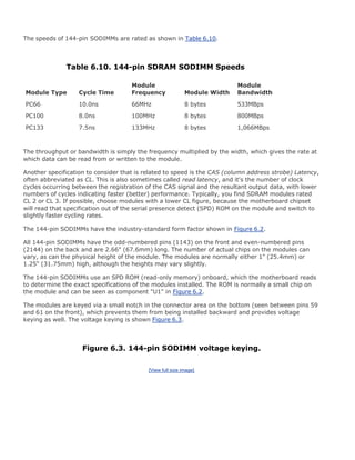 The speeds of 144-pin SODIMMs are rated as shown in Table 6.10.
Table 6.10. 144-pin SDRAM SODIMM Speeds
Module Type Cycle Time
Module
Frequency Module Width
Module
Bandwidth
PC66 10.0ns 66MHz 8 bytes 533MBps
PC100 8.0ns 100MHz 8 bytes 800MBps
PC133 7.5ns 133MHz 8 bytes 1,066MBps
The throughput or bandwidth is simply the frequency multiplied by the width, which gives the rate at
which data can be read from or written to the module.
Another specification to consider that is related to speed is the CAS (column address strobe) Latency,
often abbreviated as CL. This is also sometimes called read latency, and it's the number of clock
cycles occurring between the registration of the CAS signal and the resultant output data, with lower
numbers of cycles indicating faster (better) performance. Typically, you find SDRAM modules rated
CL 2 or CL 3. If possible, choose modules with a lower CL figure, because the motherboard chipset
will read that specification out of the serial presence detect (SPD) ROM on the module and switch to
slightly faster cycling rates.
The 144-pin SODIMMs have the industry-standard form factor shown in Figure 6.2.
All 144-pin SODIMMs have the odd-numbered pins (1143) on the front and even-numbered pins
(2144) on the back and are 2.66" (67.6mm) long. The number of actual chips on the modules can
vary, as can the physical height of the module. The modules are normally either 1" (25.4mm) or
1.25" (31.75mm) high, although the heights may vary slightly.
The 144-pin SODIMMs use an SPD ROM (read-only memory) onboard, which the motherboard reads
to determine the exact specifications of the modules installed. The ROM is normally a small chip on
the module and can be seen as component "U1" in Figure 6.2.
The modules are keyed via a small notch in the connector area on the bottom (seen between pins 59
and 61 on the front), which prevents them from being installed backward and provides voltage
keying as well. The voltage keying is shown Figure 6.3.
Figure 6.3. 144-pin SODIMM voltage keying.
[View full size image]
 