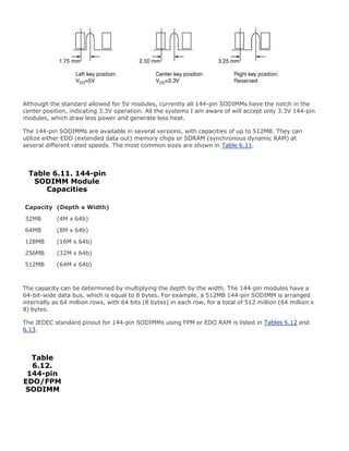 Although the standard allowed for 5V modules, currently all 144-pin SODIMMs have the notch in the
center position, indicating 3.3V operation. All the systems I am aware of will accept only 3.3V 144-pin
modules, which draw less power and generate less heat.
The 144-pin SODIMMs are available in several versions, with capacities of up to 512MB. They can
utilize either EDO (extended data out) memory chips or SDRAM (synchronous dynamic RAM) at
several different rated speeds. The most common sizes are shown in Table 6.11.
Table 6.11. 144-pin
SODIMM Module
Capacities
Capacity (Depth x Width)
32MB (4M x 64b)
64MB (8M x 64b)
128MB (16M x 64b)
256MB (32M x 64b)
512MB (64M x 64b)
The capacity can be determined by multiplying the depth by the width. The 144-pin modules have a
64-bit-wide data bus, which is equal to 8 bytes. For example, a 512MB 144-pin SODIMM is arranged
internally as 64 million rows, with 64 bits (8 bytes) in each row, for a total of 512 million (64 million x
8) bytes.
The JEDEC standard pinout for 144-pin SODIMMs using FPM or EDO RAM is listed in Tables 6.12 and
6.13.
Table
6.12.
144-pin
EDO/FPM
SODIMM
 