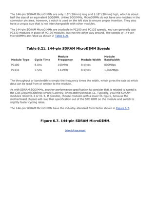 The 144-pin SDRAM MicroDIMMs are only 1.5" (38mm) long and 1.18" (30mm) high, which is about
half the size of an equivalent SODIMM. Unlike SODIMMs, MicroDIMMs do not have any notches in the
connector pin area; however, a notch is used on the left side to ensure proper insertion. They also
have a unique size that is not interchangeable with other modules.
The 144-pin SDRAM MicroDIMMs are available in PC100 and PC133 speeds. You can generally use
PC133 modules in place of PC100 modules, but not the other way around. The speeds of 144-pin
MicroDIMMs are rated as shown in Table 6.21.
Table 6.21. 144-pin SDRAM MicroDIMM Speeds
Module Type Cycle Time
Module
Frequency Module Width
Module
Bandwidth
PC100 8.0ns 100MHz 8 bytes 800MBps
PC133 7.5ns 133MHz 8 bytes 1,066MBps
The throughput or bandwidth is simply the frequency times the width, which gives the rate at which
data can be read from or written to the module.
As with SDRAM SODIMMs, another performance specification to consider that is related to speed is
the CAS (column address strobe) Latency, often abbreviated as CL. Typically, you find SDRAM
modules rated CL 2 or CL 3. If possible, choose modules with a lower CL figure, because the
motherboard chipset will read that specification out of the SPD ROM on the module and switch to
slightly faster cycling rates.
The 144-pin SDRAM MicroDIMMs have the industry-standard form factor shown in Figure 6.7.
Figure 6.7. 144-pin SDRAM MicroDIMM.
[View full size image]
 