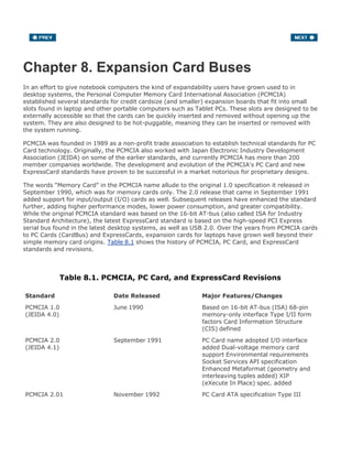 Chapter 8. Expansion Card Buses
In an effort to give notebook computers the kind of expandability users have grown used to in
desktop systems, the Personal Computer Memory Card International Association (PCMCIA)
established several standards for credit cardsize (and smaller) expansion boards that fit into small
slots found in laptop and other portable computers such as Tablet PCs. These slots are designed to be
externally accessible so that the cards can be quickly inserted and removed without opening up the
system. They are also designed to be hot-puggable, meaning they can be inserted or removed with
the system running.
PCMCIA was founded in 1989 as a non-profit trade association to establish technical standards for PC
Card technology. Originally, the PCMCIA also worked with Japan Electronic Industry Development
Association (JEIDA) on some of the earlier standards, and currently PCMCIA has more than 200
member companies worldwide. The development and evolution of the PCMCIA's PC Card and new
ExpressCard standards have proven to be successful in a market notorious for proprietary designs.
The words "Memory Card" in the PCMCIA name allude to the original 1.0 specification it released in
September 1990, which was for memory cards only. The 2.0 release that came in September 1991
added support for input/output (I/O) cards as well. Subsequent releases have enhanced the standard
further, adding higher performance modes, lower power consumption, and greater compatibility.
While the original PCMCIA standard was based on the 16-bit AT-bus (also called ISA for Industry
Standard Architecture), the latest ExpressCard standard is based on the high-speed PCI Express
serial bus found in the latest desktop systems, as well as USB 2.0. Over the years from PCMCIA cards
to PC Cards (CardBus) and ExpressCards, expansion cards for laptops have grown well beyond their
simple memory card origins. Table 8.1 shows the history of PCMCIA, PC Card, and ExpressCard
standards and revisions.
Table 8.1. PCMCIA, PC Card, and ExpressCard Revisions
Standard Date Released Major Features/Changes
PCMCIA 1.0
(JEIDA 4.0)
June 1990 Based on 16-bit AT-bus (ISA) 68-pin
memory-only interface Type I/II form
factors Card Information Structure
(CIS) defined
PCMCIA 2.0
(JEIDA 4.1)
September 1991 PC Card name adopted I/O interface
added Dual-voltage memory card
support Environmental requirements
Socket Services API specification
Enhanced Metaformat (geometry and
interleaving tuples added) XIP
(eXecute In Place) spec. added
PCMCIA 2.01 November 1992 PC Card ATA specification Type III
 