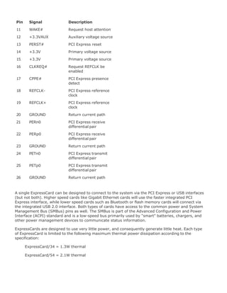 Pin Signal Description
11 WAKE# Request host attention
12 +3.3VAUX Auxiliary voltage source
13 PERST# PCI Express reset
14 +3.3V Primary voltage source
15 +3.3V Primary voltage source
16 CLKREQ# Request REFCLK be
enabled
17 CPPE# PCI Express presence
detect
18 REFCLK- PCI Express reference
clock
19 REFCLK+ PCI Express reference
clock
20 GROUND Return current path
21 PERn0 PCI Express receive
differential pair
22 PERp0 PCI Express receive
differential pair
23 GROUND Return current path
24 PETn0 PCI Express transmit
differential pair
25 PETp0 PCI Express transmit
differential pair
26 GROUND Return current path
A single ExpressCard can be designed to connect to the system via the PCI Express or USB interfaces
(but not both). Higher speed cards like Gigabit Ethernet cards will use the faster integrated PCI
Express interface, while lower speed cards such as Bluetooth or flash memory cards will connect via
the integrated USB 2.0 interface. Both types of cards have access to the common power and System
Management Bus (SMBus) pins as well. The SMBus is part of the Advanced Configuration and Power
Interface (ACPI) standard and is a low-speed bus primarily used by "smart" batteries, chargers, and
other power management devices to communicate status information.
ExpressCards are designed to use very little power, and consequently generate little heat. Each type
of ExpressCard is limited to the following maximum thermal power dissipation according to the
specification:
ExpressCard/34 = 1.3W thermal
ExpressCard/54 = 2.1W thermal
 