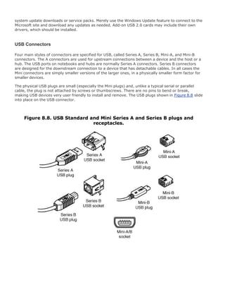 system update downloads or service packs. Merely use the Windows Update feature to connect to the
Microsoft site and download any updates as needed. Add-on USB 2.0 cards may include their own
drivers, which should be installed.
USB Connectors
Four main styles of connectors are specified for USB, called Series A, Series B, Mini-A, and Mini-B
connectors. The A connectors are used for upstream connections between a device and the host or a
hub. The USB ports on notebooks and hubs are normally Series A connectors. Series B connectors
are designed for the downstream connection to a device that has detachable cables. In all cases the
Mini connectors are simply smaller versions of the larger ones, in a physically smaller form factor for
smaller devices.
The physical USB plugs are small (especially the Mini plugs) and, unlike a typical serial or parallel
cable, the plug is not attached by screws or thumbscrews. There are no pins to bend or break,
making USB devices very user friendly to install and remove. The USB plugs shown in Figure 8.8 slide
into place on the USB connector.
Figure 8.8. USB Standard and Mini Series A and Series B plugs and
receptacles.
 