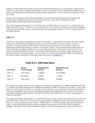 aspects of USB enable the system to query the attached peripherals as to their power requirements
and issue a warning if available power levels are being exceeded. This is important for USB when it is
used in portable systems because the battery power allocated to run the external peripherals might
be limited.
Another of the benefits of the USB specification is the self-identifying peripheral, a feature that
greatly eases installation because you don't have to set unique IDs or identifiers for each
peripheralthe USB handles that automatically.
One of the biggest advantages of an interface such as USB is that it requires only a single interrupt
(IRQ) from the system. Therefore, you can connect up to 127 devices, and they will not use separate
interrupts as they might if each were connected over a separate interface. This is a major benefit of
the USB interface.
USB 2.0
USB 2.0 is a backward-compatible extension of the USB 1.1 specification that uses the same cables,
connectors, and software interfaces but that runs 40 times faster than the original 1.0 and 1.1
versions. The higher speed enables higher-performance peripherals, such as higher-resolution
web/videoconferencing cameras, scanners, and faster printers, to be connected externally with the
same easy Plug and Play installation of current USB peripherals. From the end-user point of view,
USB 2.0 works exactly the same as 1.1only faster and with more interesting, higher-performance
devices available. All existing USB 1.1 devices work in a USB 2.0 bus because USB 2.0 supports all
the slower-speed connections. USB data rates are shown in Tables 8.11.
Table 8.11. USB Data Rates
Interface
Speed
Terminology
Megabits per
Second
Megabytes per
Second
USB 1.1 Low speed 1.5Mbps 0.1875MBps
USB 1.1 Full speed 12Mbps 1.5MBps
USB 2.0 High speed 480Mbps 60MBps
Note the terminology, which can be confusing. Full speed designates the 1.5MBps throughput of USB
1.1, while high speed designates the 60MBps throughput of USB 2.0. Because any USB 1.1 device will
work on a 2.0 bus (at the slower 1.1 speeds), many devices or components have been advertised as
"USB 2.0 Compatible" when they do not actually support high-speed operation. The key to finding
true USB 2.0 (high-speed) devices is to look for the device to state that it is "USB 2.0 Compliant" or
"USB 2.0 Certified."
The support of higher-speed USB 2.0 peripherals requires using a USB 2.0compliant hub. You can still
use older USB 1.1 hubs on a 2.0 bus, but any peripherals or additional hubs connected downstream
from a 1.1 hub will operate at the slower 1.5MBps USB 1.1 maximum speed. Devices connected to
USB 2.0 hubs will operate at the maximum speed of the device, up to the full USB 2.0 speed of
60MBps. The higher transmission speeds through a 2.0 hub are negotiated on a device-by-device
 