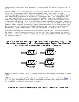 basis, and if the higher speed is not supported by a peripheral, the link operates at a lower USB 1.1
speed.
As such, a USB 2.0 hub accepts high-speed transactions at the faster USB 2.0 frame rate and must
deliver them to high-speed USB 2.0 peripherals as well as USB 1.1 peripherals. This data
ratematching responsibility requires increased complexity and buffering of the incoming high-speed
data. When communicating with an attached USB 2.0 peripheral, the 2.0 hub simply repeats the
high-speed signals; however, when communicating with USB 1.1 peripherals, a USB 2.0 hub will
buffer and manage the transition from the high speed of the USB 2.0 host controller (in the system)
to the lower speed of a USB 1.1 device. This feature of USB 2.0 hubs means that USB 1.1 devices can
operate along with USB 2.0 devices and not consume any additional bandwidth. USB 2.0 devices and
root hubs are not yet widely available, but they are slowly being introduced by manufacturers. USB
2.0 devices, unlike USB 1.1 devices, might be located inside your system. Some manufacturers of
add-on USB 2.0 cards are equipping the cards with both external and internal USB 2.0 ports.
How can you tell at a glance which devices are designed to support USB 1.1 versus the faster USB
2.0 standard? The USB Implementer's Forum (USB-IF), which owns and controls the USB standard,
introduced new logos in late 2000 for products that have passed its certification tests. The new logos
are shown in Figure 8.9.
Figure 8.9. The USB Basic Speed (1.1compliant) logos (left) compared to
the new USB Hi-Speed (USB 2.0compliant) logos (right). The lower left
and right logos indicate USB On-The-Go compliance.
As you can see from Figure 8.9, USB 1.1 is called simply "USB," and USB 2.0 is now called "Hi-Speed
USB."
USB cables, connectors, hubs, and peripherals can also be identified by icons, as shown in Figure
8.10. The "plus" symbol added to the upper icon indicates that port or device would support USB 2.0
(Hi-Speed USB) in addition to the standard 1.1 support.
Figure 8.10. These icons identify USB cables, connectors, hubs, and
 