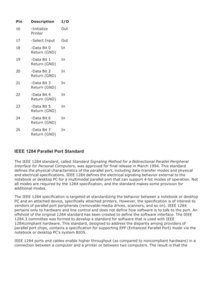 Pin Description I/O
16 -Initialize
Printer
Out
17 -Select Input Out
18 -Data Bit 0
Return (GND)
In
19 -Data Bit 1
Return (GND)
In
20 -Data Bit 2
Return (GND)
In
21 -Data Bit 3
Return (GND)
In
22 -Data Bit 4
Return (GND)
In
23 -Data Bit 5
Return (GND)
In
24 -Data Bit 6
Return (GND)
In
25 -Data Bit 7
Return (GND)
In
IEEE 1284 Parallel Port Standard
The IEEE 1284 standard, called Standard Signaling Method for a Bidirectional Parallel Peripheral
Interface for Personal Computers, was approved for final release in March 1994. This standard
defines the physical characteristics of the parallel port, including data-transfer modes and physical
and electrical specifications. IEEE 1284 defines the electrical signaling behavior external to the
notebook or desktop PC for a multimodal parallel port that can support 4-bit modes of operation. Not
all modes are required by the 1284 specification, and the standard makes some provision for
additional modes.
The IEEE 1284 specification is targeted at standardizing the behavior between a notebook or desktop
PC and an attached device, specifically attached printers. However, the specification is of interest to
vendors of parallel port peripherals (removable-media drives, scanners, and so on). IEEE 1284
pertains only to hardware and line control and does not define how software is to talk to the port. An
offshoot of the original 1284 standard has been created to define the software interface. The IEEE
1284.3 committee was formed to develop a standard for software that is used with IEEE
1284compliant hardware. This standard, designed to address the disparity among providers of
parallel port chips, contains a specification for supporting EPP (Enhanced Parallel Port) mode via the
notebook or desktop PC's system BIOS.
IEEE 1284 ports and cables enable higher throughput (as compared to noncompliant hardware) in a
connection between a computer and a printer or between two computers. The result is that the
 