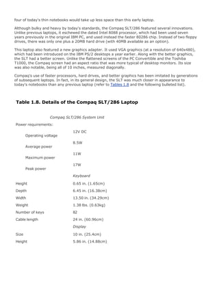 four of today's thin notebooks would take up less space than this early laptop.
Although bulky and heavy by today's standards, the Compaq SLT/286 featured several innovations.
Unlike previous laptops, it eschewed the dated Intel 8088 processor, which had been used seven
years previously in the original IBM PC, and used instead the faster 80286 chip. Instead of two floppy
drives, there was only one plus a 20MB hard drive (with 40MB available as an option).
This laptop also featured a new graphics adapter. It used VGA graphics (at a resolution of 640x480),
which had been introduced on the IBM PS/2 desktops a year earlier. Along with the better graphics,
the SLT had a better screen. Unlike the flattened screens of the PC Convertible and the Toshiba
T1000, the Compaq screen had an aspect ratio that was more typical of desktop monitors. Its size
was also notable, being all of 10 inches, measured diagonally.
Compaq's use of faster processors, hard drives, and better graphics has been imitated by generations
of subsequent laptops. In fact, in its general design, the SLT was much closer in appearance to
today's notebooks than any previous laptop (refer to Tables 1.8 and the following bulleted list).
Table 1.8. Details of the Compaq SLT/286 Laptop
Compaq SLT/286 System Unit
Power requirements:
Operating voltage
12V DC
Average power
8.5W
Maximum power
11W
Peak power
17W
Keyboard
Height 0.65 in. (1.65cm)
Depth 6.45 in. (16.38cm)
Width 13.50 in. (34.29cm)
Weight 1.38 lbs. (0.63kg)
Number of keys 82
Cable length 24 in. (60.96cm)
Display
Size 10 in. (25.4cm)
Height 5.86 in. (14.88cm)
 