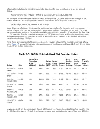 following formula to determine the true media data transfer rate in millions of bytes per second
(MBps):
Media Transfer Rate (MBps) = SPTx512 bytesxrpm/60 seconds/1,000,000
For example, the Hitachi/IBM Travelstar 7K60 drive spins at 7,200rpm and has an average of 540
sectors per track. The average media transfer rate for this drive is figured as follows:
540x512x(7,200/60)/1,000,000 = 33.18 MBps
Some drive manufacturers don't give the sector per track values for the outer and inner zones,
instead offering only the raw unformatted transfer rates in Mbps (megabits per second). To convert
raw megabits per second to formatted megabytes per second in a modern drive, divide the figure by
11. For example, Toshiba reports transfer rates of 373Mbps maximum and 203Mbps minimum for its
MK6022GAX 60GB drive. This is an average of 288Mbps, which equates to an average formatted
transfer rate of about 26MBps.
Using these formulas (or slight variations thereof), you can calculate the media transfer rate of any
drive. Table 9.5 shows the transfer rate specifications of the biggest and fastest 2.5-inch drives, listed
in order from fastest to slowest.
Table 9.5. 60GB+ 2.5-inch Hard Disk Transfer Rates
Drive Size
Interface
Transfer
Rate
(MBps) Cache
Outer
Zone
(SPT)
Inner
Zone
(SPT)
Speed
(rpm)
Max.
Media
Rate
(MBps)
Min.
Media
Rate
(MBps)
Avg.
Transfer
Rate
(MBps)
Hitachi TS
7K60
60GB 100 8MB 720 360 7200 44.24 22.12 33.18
Hitachi TS
5K80
80GB 100 8MB 885 440 5400 40.78 20.28 30.53
Toshiba
MK6022GAX
60GB 100 16MB 736 400 5400 33.91 18.43 26.17
Hitachi TS
80GN
80GB 100 8MB 868 448 4200 31.11 16.06 23.58
Toshiba
MK8025GAS
80GB 100 8MB 866 443 4200 31.04 15.88 23.46
Toshiba
MK6021GAS
60GB 100 2MB 755 391 4200 27.06 14.01 20.54
Hitachi TS
60GH
60GB 100 2MB 556 307 5400 25.62 14.15 19.88
As you can see from the table, even though all these drives have a theoretical interface transfer rate
of 100MBps, the fastest 2.5-inch drive has an average true media transfer rate of just over 33MBps.
 