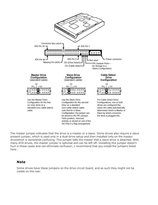 The master jumper indicates that the drive is a master or a slave. Some drives also require a slave
present jumper, which is used only in a dual-drive setup and then installed only on the master
drivewhich is somewhat confusing. This jumper tells the master that a slave drive is attached. With
many ATA drives, the master jumper is optional and can be left off. Installing this jumper doesn't
hurt in these cases and can eliminate confusion; I recommend that you install the jumpers listed
here.
Note
Some drives have these jumpers on the drive circuit board, and as such they might not be
visible on the rear.
 