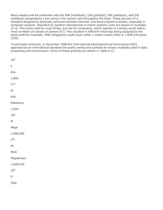 Many readers will be unfamiliar with the MiB (mebibyte), GiB (gibibyte), PiB (pebibyte), and ZiB
(zebibyte) designations I am using in this section and throughout the book. These are part of a
standard designed to eliminate confusion between decimal- and binary-based multiples, especially in
computer systems. Standard SI (system international or metric system) units are based on multiples
of 10. This works well for most things, but not for computers, which operate in a binary world where
most numbers are based on powers of 2. This resulted in different meanings being assigned to the
same prefixfor example, 1MB (megabyte) could mean either 1 million bytes (106) or 1,048,576 bytes
(220).
To eliminate confusion, in December 1998 the International Electrotechnical Commission (IEC)
approved as an international standard the prefix names and symbols for binary multiples used in data
processing and transmission. Some of these prefixes are shown in Table 9.12 .
103
k
Kilo
1,000
210
Ki
Kibi
Kilobinary
1,024
106
M
Mega
1,000,000
220
Mi
Mebi
Megabinary
1,048,576
109
G
Giga
 