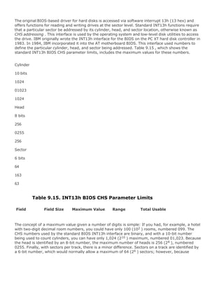 The original BIOS-based driver for hard disks is accessed via software interrupt 13h (13 hex) and
offers functions for reading and writing drives at the sector level. Standard INT13h functions require
that a particular sector be addressed by its cylinder, head, and sector location, otherwise known as
CHS addressing . This interface is used by the operating system and low-level disk utilities to access
the drive. IBM originally wrote the INT13h interface for the BIOS on the PC XT hard disk controller in
1983. In 1984, IBM incorporated it into the AT motherboard BIOS. This interface used numbers to
define the particular cylinder, head, and sector being addressed. Table 9.15 , which shows the
standard INT13h BIOS CHS parameter limits, includes the maximum values for these numbers.
Cylinder
10 bits
1024
01023
1024
Head
8 bits
256
0255
256
Sector
6 bits
64
163
63
Table 9.15. INT13h BIOS CHS Parameter Limits
Field Field Size Maximum Value Range Total Usable
The concept of a maximum value given a number of digits is simple: If you had, for example, a hotel
with two-digit decimal room numbers, you could have only 100 (102 ) rooms, numbered 099. The
CHS numbers used by the standard BIOS INT13h interface are binary, and with a 10-bit number
being used to count cylinders, you can have only 1,024 (210 ) maximum, numbered 01,023. Because
the head is identified by an 8-bit number, the maximum number of heads is 256 (28 ), numbered
0255. Finally, with sectors per track, there is a minor difference. Sectors on a track are identified by
a 6-bit number, which would normally allow a maximum of 64 (26 ) sectors; however, because
 