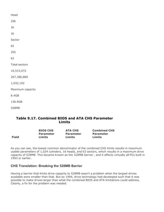 Head
256
16
16
Sector
63
255
63
Total sectors
16,515,072
267,386,880
1,032,192
Maximum capacity
8.4GB
136.9GB
528MB
Table 9.17. Combined BIOS and ATA CHS Parameter
Limits
Field
BIOS CHS
Parameter
Limits
ATA CHS
Parameter
Limits
Combined CHS
Parameter
Limits
As you can see, the lowest common denominator of the combined CHS limits results in maximum
usable parameters of 1,024 cylinders, 16 heads, and 63 sectors, which results in a maximum drive
capacity of 528MB. This became known as the 528MB barrier , and it affects virtually all PCs built in
1993 or earlier.
CHS Translation: Breaking the 528MB Barrier
Having a barrier that limits drive capacity to 528MB wasn't a problem when the largest drives
available were smaller than that. But by 1994, drive technology had developed such that it was
possible to make drives larger than what the combined BIOS and ATA limitations could address.
Clearly, a fix for the problem was needed.
 