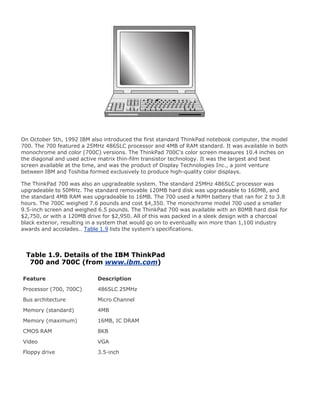 On October 5th, 1992 IBM also introduced the first standard ThinkPad notebook computer, the model
700. The 700 featured a 25MHz 486SLC processor and 4MB of RAM standard. It was available in both
monochrome and color (700C) versions. The ThinkPad 700C's color screen measures 10.4 inches on
the diagonal and used active matrix thin-film transistor technology. It was the largest and best
screen available at the time, and was the product of Display Technologies Inc., a joint venture
between IBM and Toshiba formed exclusively to produce high-quality color displays.
The ThinkPad 700 was also an upgradeable system. The standard 25MHz 486SLC processor was
upgradeable to 50MHz. The standard removable 120MB hard disk was upgradeable to 160MB, and
the standard 4MB RAM was upgradeable to 16MB. The 700 used a NiMH battery that ran for 2 to 3.8
hours. The 700C weighed 7.6 pounds and cost $4,350. The monochrome model 700 used a smaller
9.5-inch screen and weighed 6.5 pounds. The ThinkPad 700 was available with an 80MB hard disk for
$2,750, or with a 120MB drive for $2,950. All of this was packed in a sleek design with a charcoal
black exterior, resulting in a system that would go on to eventually win more than 1,100 industry
awards and accolades.. Table 1.9 lists the system's specifications.
Table 1.9. Details of the IBM ThinkPad
700 and 700C (from www.ibm.com)
Feature Description
Processor (700, 700C) 486SLC 25MHz
Bus architecture Micro Channel
Memory (standard) 4MB
Memory (maximum) 16MB, IC DRAM
CMOS RAM 8KB
Video VGA
Floppy drive 3.5-inch
 