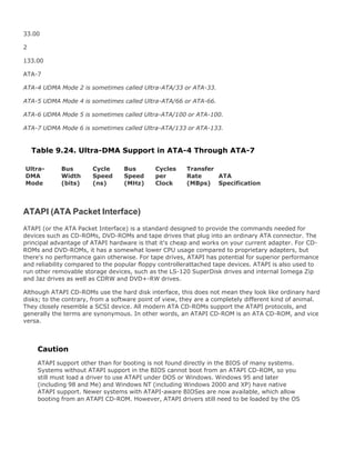 33.00
2
133.00
ATA-7
ATA-4 UDMA Mode 2 is sometimes called Ultra-ATA/33 or ATA-33.
ATA-5 UDMA Mode 4 is sometimes called Ultra-ATA/66 or ATA-66.
ATA-6 UDMA Mode 5 is sometimes called Ultra-ATA/100 or ATA-100.
ATA-7 UDMA Mode 6 is sometimes called Ultra-ATA/133 or ATA-133.
Table 9.24. Ultra-DMA Support in ATA-4 Through ATA-7
Ultra-
DMA
Mode
Bus
Width
(bits)
Cycle
Speed
(ns)
Bus
Speed
(MHz)
Cycles
per
Clock
Transfer
Rate
(MBps)
ATA
Specification
ATAPI (ATA Packet Interface)
ATAPI (or the ATA Packet Interface) is a standard designed to provide the commands needed for
devices such as CD-ROMs, DVD-ROMs and tape drives that plug into an ordinary ATA connector. The
principal advantage of ATAPI hardware is that it's cheap and works on your current adapter. For CD-
ROMs and DVD-ROMs, it has a somewhat lower CPU usage compared to proprietary adapters, but
there's no performance gain otherwise. For tape drives, ATAPI has potential for superior performance
and reliability compared to the popular floppy controllerattached tape devices. ATAPI is also used to
run other removable storage devices, such as the LS-120 SuperDisk drives and internal Iomega Zip
and Jaz drives as well as CDRW and DVD+-RW drives.
Although ATAPI CD-ROMs use the hard disk interface, this does not mean they look like ordinary hard
disks; to the contrary, from a software point of view, they are a completely different kind of animal.
They closely resemble a SCSI device. All modern ATA CD-ROMs support the ATAPI protocols, and
generally the terms are synonymous. In other words, an ATAPI CD-ROM is an ATA CD-ROM, and vice
versa.
Caution
ATAPI support other than for booting is not found directly in the BIOS of many systems.
Systems without ATAPI support in the BIOS cannot boot from an ATAPI CD-ROM, so you
still must load a driver to use ATAPI under DOS or Windows. Windows 95 and later
(including 98 and Me) and Windows NT (including Windows 2000 and XP) have native
ATAPI support. Newer systems with ATAPI-aware BIOSes are now available, which allow
booting from an ATAPI CD-ROM. However, ATAPI drivers still need to be loaded by the OS
 