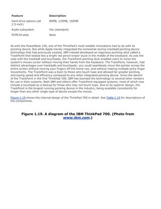 Feature Description
Hard drive options (all
2.5-inch)
80MB, 120MB, 160MB
Audio subsystem Yes (standard)
PCMCIA slots None
As with the PowerBook 100, one of the ThinkPad's most notable innovations had to do with its
pointing device. But while Apple merely integrated the somewhat clumsy trackball pointing device
technology that had previously existed, IBM instead developed an ingenious pointing stick called a
TrackPoint that looked like a bright red pencil eraser stuck in the middle of the keyboard. As was the
case with the trackball and touchpads, the TrackPoint pointing stick enabled users to move the
system's mouse cursor without moving their hands from the keyboard. The TrackPoint, however, had
distinct advantages over trackballs and touchpads: you could seamlessly move the pointer across the
entire screen without moving your fingers off the home row, and without making multiple jerky finger
movements. The TrackPoint was a boon to those who touch-type and allowed far greater pointing
and typing speed and efficiency compared to any other integrated pointing device. Since the advent
of the TrackPoint in the first ThinkPad 700, IBM has licensed the technology to several other vendors
for use in their systems. Both IBM and others offer TrackPoint-equipped systems, most of which now
include a touchpad as a backup for those who may not touch-type. Due to its superior design, the
TrackPoint is the longest running pointing device in the industry, being available consistently for
longer than any other single type of device except the mouse.
Figure 1.19 shows the internal design of the ThinkPad 700 in detail. See Table 1.10 for descriptions of
the components.
Figure 1.19. A diagram of the IBM ThinkPad 700. (Photo from
www.ibm.com.)
 