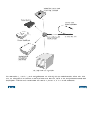 Like Parallel ATA, Serial ATA was designed to be the primary storage interface used inside a PC and
was not designed to be used as an external interface. As such, SATA is not designed to compete with
high-speed external device interfaces, such as SCSI, USB 2.0, or IEEE 1394 (FireWire).
 