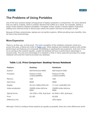 The Problems of Using Portables
One of the ever-present design consequences of laptop computers is compromise. For every element
that you add to a laptop, there is another element that suffers as a result. For example, adding a
larger screen lessens a laptop's portability. A brighter screen results in shorter battery endurance.
Adding more internal drives or device bays means the system will have to be larger as well.
Because of these compromises, laptops are not perfect systems. While providing many benefits, they
do have a few shortcomings.
More Expensive
There is, as they say, no free lunch. The extra versatility of the notebook computer comes at a
pricein this case, a literal one (refer to Table 1.12). When desktop and notebook systems with similar
performance and features are compared, the desktop is significantly less expensive. And even if you
try to configure the systems equally, usually the desktop will have a performance advantage in
several areas. The one price advantage of a notebook is that in many cases the purchase of a single
notebook will avoid the need to purchase two desktops.
Table 1.12. Price Comparison: Desktop Versus Notebook
Feature Desktop Notebook
System Dell Dimension 8400 Dell Inspiron 9300
Processor Pentium 4 630,
3.0GHz/800MHz
Pentium M 760,
2.0GHz/533MHz
Memory 1GB 1GB
Hard drive 80GB 80GB
Display 20-inch 1680x1050 LCD 17-inch 1440x900 LCD
Video accelerator 256MB nVidia GeForce
6800
256MB nVidia GeForce
6800
Optical drives 16x DVD+/-RW, dual layer 8x DVD+/-RW, dual layer
Price $2,185 $2,628
Difference (%) 20% higher
Although I tried to configure these systems as equally as possible, there are a few differences worth
 