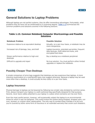General Solutions to Laptop Problems
Although laptops are not perfect systems, they do offer tremendous advantages. Fortunately, what
problems they do have can be ameliorated to a surprising degree. Table 1.13 summarizes the
common problems and solutions covered in the following sections.
Table 1.13. Common Notebook Computer Shortcomings and Possible
Solutions
Notebook Problem Possible Solution
Expensive relative to an equivalent desktop Actually, on a per-hour basis, a notebook may be
more inexpensive.
Increased risk of damage, loss, and theft Laptop insurance, extended warranties, frequent
data backups, theft-deterrent locks, and
encrypted hard disks.
Slower performance relative to high-end
desktops
Buy a desktop as a notebook peripheral.
Difficult to upgrade and repair No true solution. You must perform either limited
upgrades or replace the notebook.
Possibly Cheaper Than Desktops
A simple comparison of price tags suggests that desktops are less expensive than laptops. A more
intensive examination on a cost/benefit basis may suggest otherwise. Because a laptop may be used
more often than a desktop, it could actually be less costly on a per-hour basis.
Laptop Insurance
Physical damage to laptops can be lessened by following two simple rules dictated by common sense.
First, always transport your laptop in a well-cushioned bag specifically designed for that purpose.
Second, never leave cables attached to your laptop in a place where someone can trip over them.
Even the most careful person, however, will occasionally subject the laptop to an environmental
stress for which it was not designed. This could involve the system being dropped, dropped upon, run
over, dunked, or a dozen other catastrophes. The only way to combat these mishaps is to be sure
you're covered by either some form of insurance or an extended warranty that covers such disasters.
 
