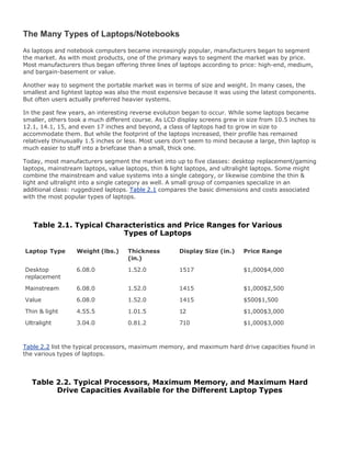 The Many Types of Laptops/Notebooks
As laptops and notebook computers became increasingly popular, manufacturers began to segment
the market. As with most products, one of the primary ways to segment the market was by price.
Most manufacturers thus began offering three lines of laptops according to price: high-end, medium,
and bargain-basement or value.
Another way to segment the portable market was in terms of size and weight. In many cases, the
smallest and lightest laptop was also the most expensive because it was using the latest components.
But often users actually preferred heavier systems.
In the past few years, an interesting reverse evolution began to occur. While some laptops became
smaller, others took a much different course. As LCD display screens grew in size from 10.5 inches to
12.1, 14.1, 15, and even 17 inches and beyond, a class of laptops had to grow in size to
accommodate them. But while the footprint of the laptops increased, their profile has remained
relatively thinusually 1.5 inches or less. Most users don't seem to mind because a large, thin laptop is
much easier to stuff into a briefcase than a small, thick one.
Today, most manufacturers segment the market into up to five classes: desktop replacement/gaming
laptops, mainstream laptops, value laptops, thin & light laptops, and ultralight laptops. Some might
combine the mainstream and value systems into a single category, or likewise combine the thin &
light and ultralight into a single category as well. A small group of companies specialize in an
additional class: ruggedized laptops. Table 2.1 compares the basic dimensions and costs associated
with the most popular types of laptops.
Table 2.1. Typical Characteristics and Price Ranges for Various
Types of Laptops
Laptop Type Weight (lbs.) Thickness
(in.)
Display Size (in.) Price Range
Desktop
replacement
6.08.0 1.52.0 1517 $1,000$4,000
Mainstream 6.08.0 1.52.0 1415 $1,000$2,500
Value 6.08.0 1.52.0 1415 $500$1,500
Thin & light 4.55.5 1.01.5 12 $1,000$3,000
Ultralight 3.04.0 0.81.2 710 $1,000$3,000
Table 2.2 list the typical processors, maximum memory, and maximum hard drive capacities found in
the various types of laptops.
Table 2.2. Typical Processors, Maximum Memory, and Maximum Hard
Drive Capacities Available for the Different Laptop Types
 