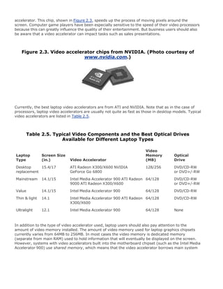 accelerator. This chip, shown in Figure 2.3, speeds up the process of moving pixels around the
screen. Computer game players have been especially sensitive to the speed of their video processors
because this can greatly influence the quality of their entertainment. But business users should also
be aware that a video accelerator can impact tasks such as sales presentations.
Figure 2.3. Video accelerator chips from NVIDIA. (Photo courtesy of
www.nvidia.com.)
Currently, the best laptop video accelerators are from ATI and NVIDIA. Note that as in the case of
processors, laptop video accelerators are usually not quite as fast as those in desktop models. Typical
video accelerators are listed in Table 2.5.
Table 2.5. Typical Video Components and the Best Optical Drives
Available for Different Laptop Types
Laptop
Type
Screen Size
(in.) Video Accelerator
Video
Memory
(MB)
Optical
Drive
Desktop
replacement
15.4/17 ATI Radeon X300/X600 NVIDIA
GeForce Go 6800
128/256 DVD/CD-RW
or DVD+/-RW
Mainstream 14.1/15 Intel Media Accelerator 900 ATI Radeon
9000 ATI Radeon X300/X600
64/128 DVD/CD-RW
or DVD+/-RW
Value 14.1/15 Intel Media Accelerator 900 64/128 DVD/CD-RW
Thin & light 14.1 Intel Media Accelerator 900 ATI Radeon
X300/X600
64/128 DVD/CD-RW
Ultralight 12.1 Intel Media Accelerator 900 64/128 None
In addition to the type of video accelerator used, laptop users should also pay attention to the
amount of video memory installed. The amount of video memory used for laptop graphics chipsets
currently varies from 64MB to 256MB. In most cases the video memory is dedicated memory
(separate from main RAM) used to hold information that will eventually be displayed on the screen.
However, systems with video accelerators built into the motherboard chipset (such as the Intel Media
Accelerator 900) use shared memory, which means that the video accelerator borrows main system
 